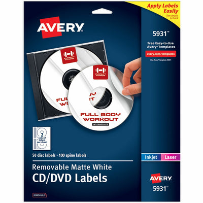 Avery 5931 Laser Labels Shuttered Jewel Case Inserts with Software for CD/DVD, Matte White, 50 / Pack, AVE5931
