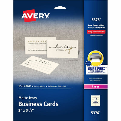 Avery 2" x 3.5" Ivory Business Cards, Sure Feed Technology, Laser, 250 Cards ), 8 1/2" x 11", 250 / Pack — view 1