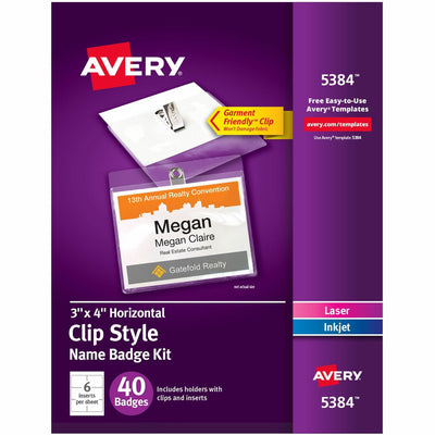 Avery Name Badges with Clips, 3" x 4", 40 Badges (5384), White, 8 1/2" x 11", 1 Box, AVE5384