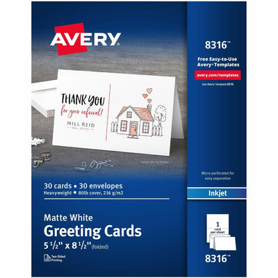 Avery Half-Fold Greeting Cards, Matte, 5-1/2" x 8-1/2", 30 Cards/Envelopes (8316), White, 8 1/2" x 5 1/2", 30 / Box, AVE8316