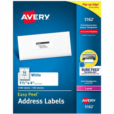 Avery Address Labels, 1-1/3" x 4", White, 1,400ct (5162), 1400 / Box, AVE5162