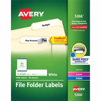 Avery File Folder Labels, 2/3" x 3-7/16", 1,500 White Labels (5366), 1500 / Box, AVE5366