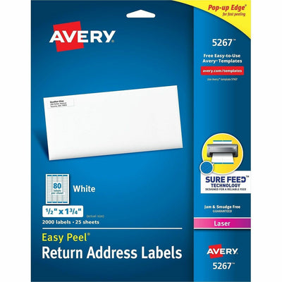 Avery Easy Peel Return Address Labels, 1/2"x1-3/4" 2,000 Labels (5267), White, 2000 / Pack, AVE5267
