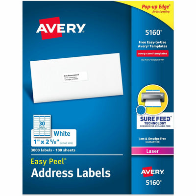 Avery Easy Peel Address Labels with Sure Feed™ Technology, White, 3000 / Box, AVE5160