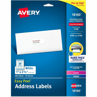 Avery Easy Peel Address Labels - Sure Feed Technology, Matte, 300 / Pack, AVE18160
