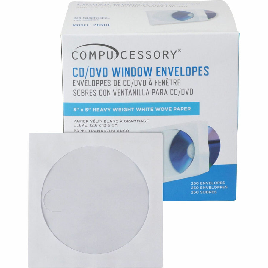 Compucessory CD/DVD White Window Envelopes, Heavyweight, 250 / Box, CCS26501