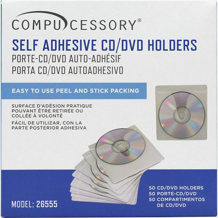 Compucessory Self-Adhesive Poly CD/DVD Holders, White, Polypropylene, 50 / Pack, CCS26555