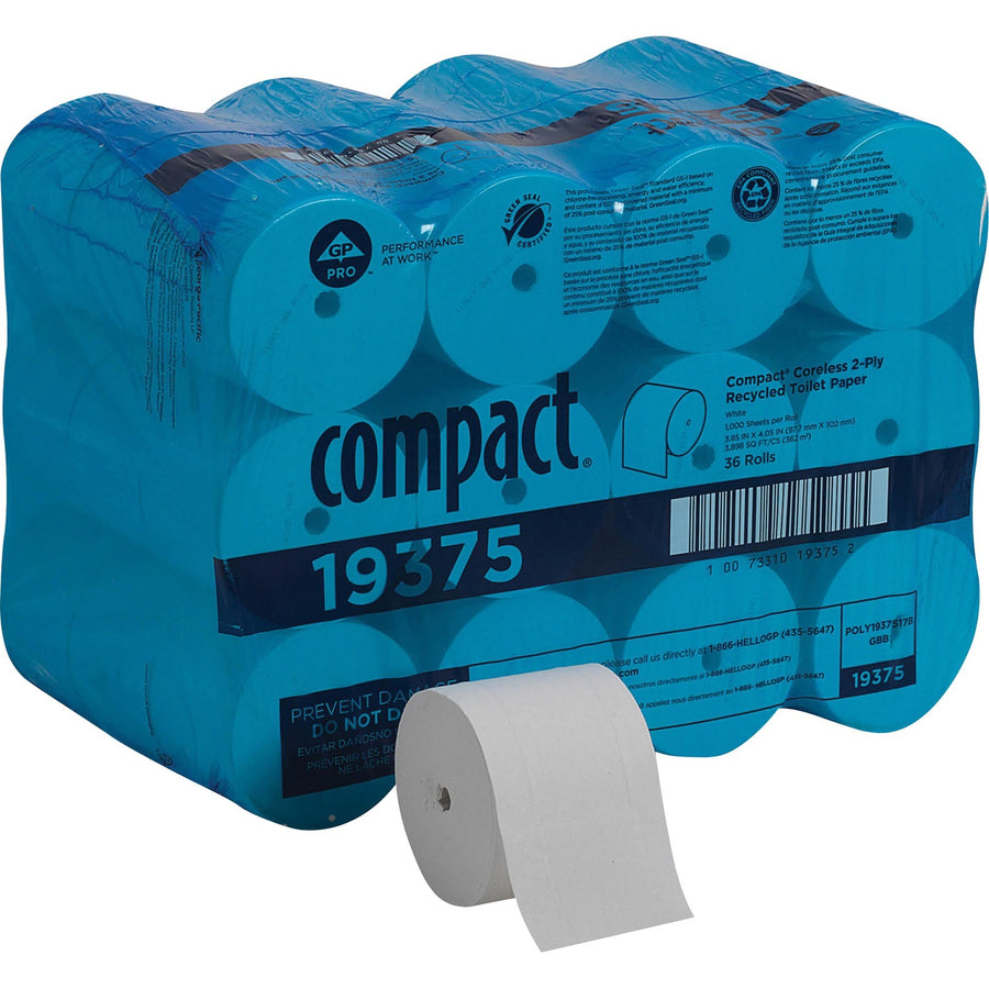 Compact Coreless Recycled Toilet Paper, White, Cleaning, 36 / Carton, GPC19375