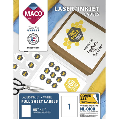 Chartpak Maco White Full-sheet Shipping Labels, 100 / Box, MACML-0100