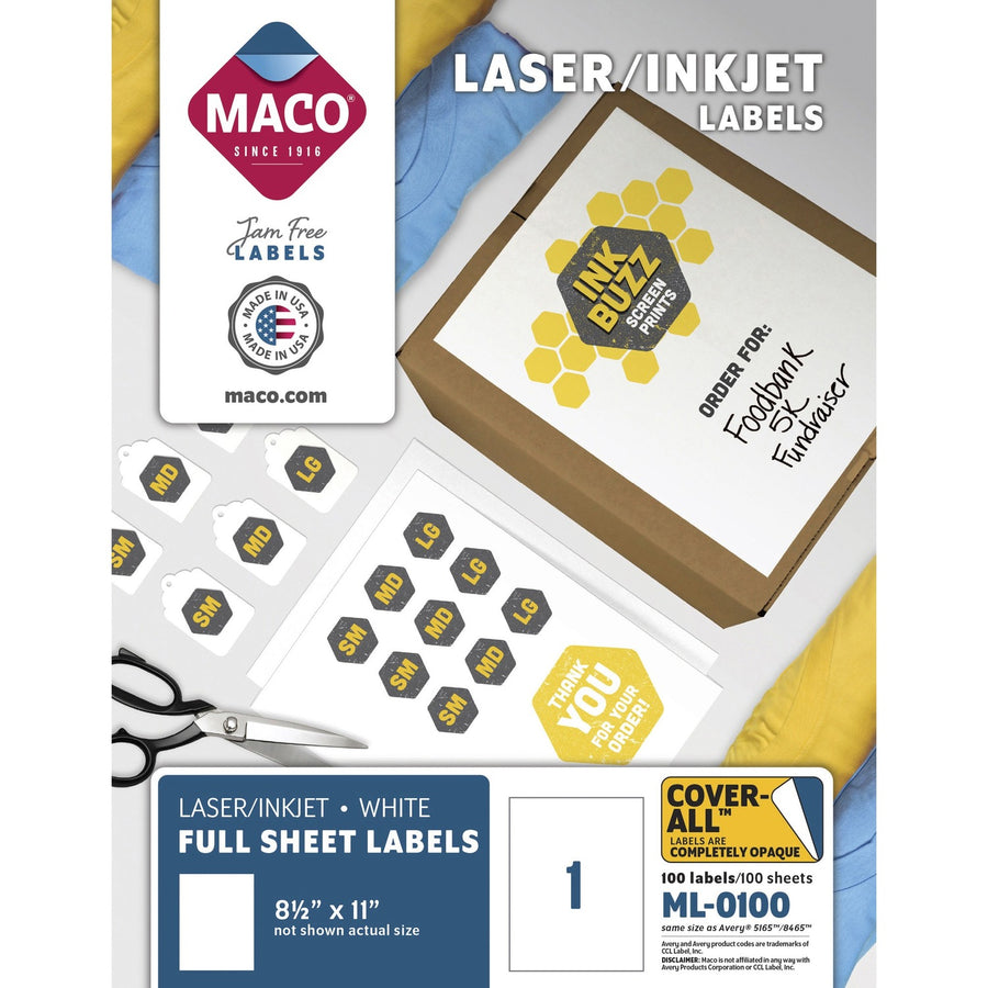 Maco White Full-sheet Shipping Labels, Lignin-free, 100 / Box, MACML-0100