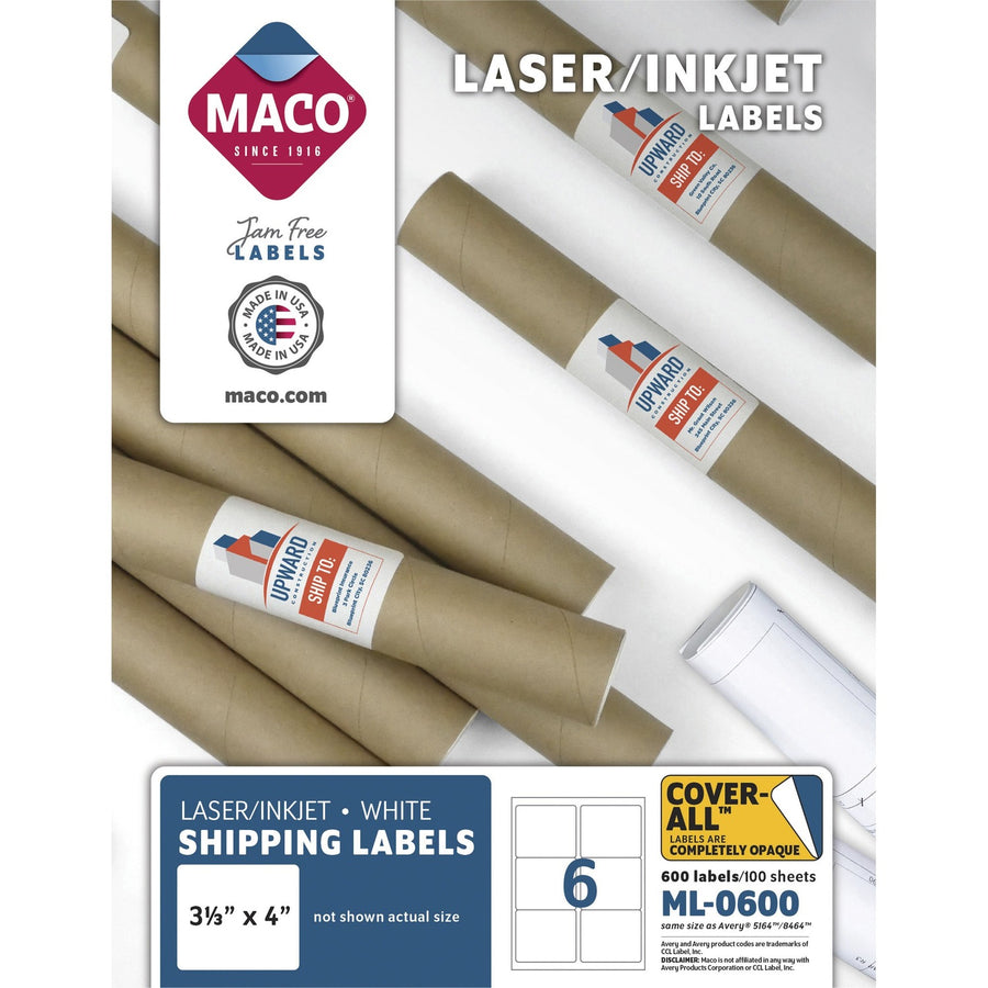 Maco Laser Printer White Shipping Labels, Lignin-free, 600 / Box, MACML-0600