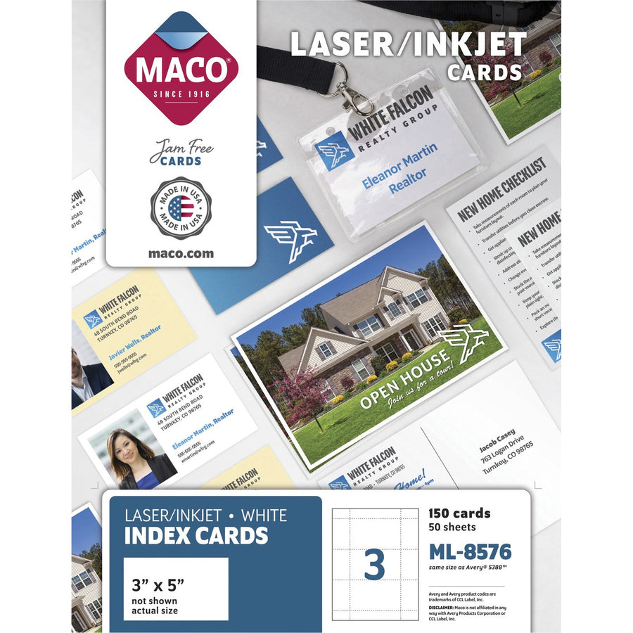 Maco Laser/Inkjet 5"x3" Cards, White, Micro Perforated, 150 / Box, MACML8576