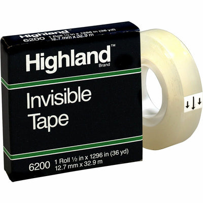3M Highland 1/2"W Matte-finish Invisible Tape, Clear, 1 Roll, MMM6200121296