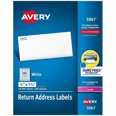 Avery Address Labels, Sure Feed, 1/2" x 1-3/4", 20,000 Labels (5967), White, 1 Box, AVE5967