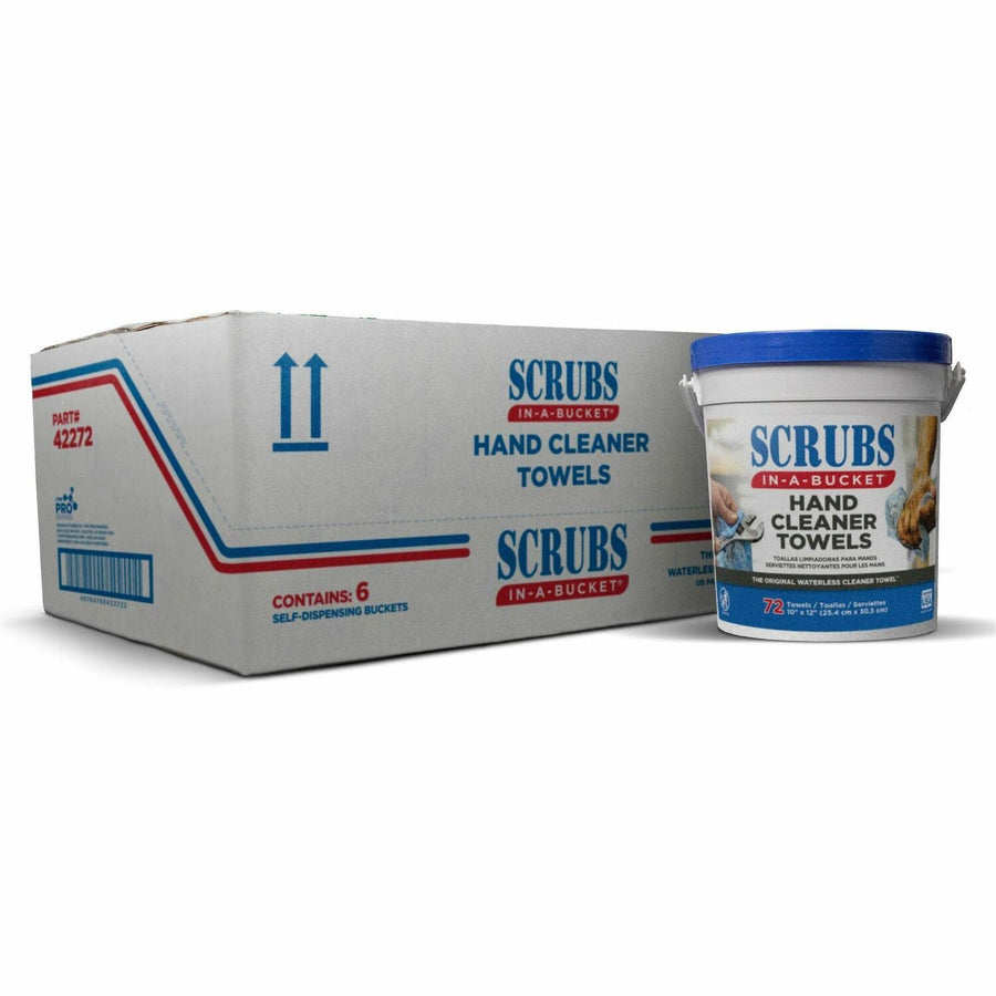 SCRUBS In-A-Bucket Hand Cleaner Towels, Blue, Pre-moistened, 6 / Carton, ITW42272CT