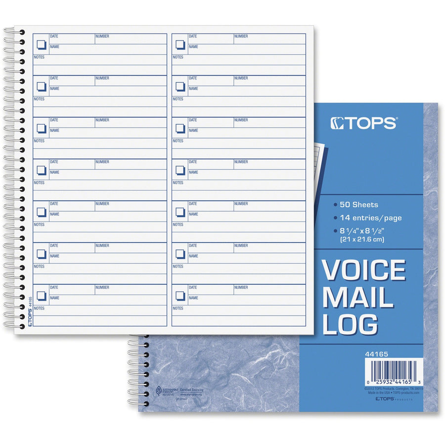 TOPS Voice Message Log Book, 8.5" x 0.3", White, Spiral Bound, 24 lb, 50, TOP44165