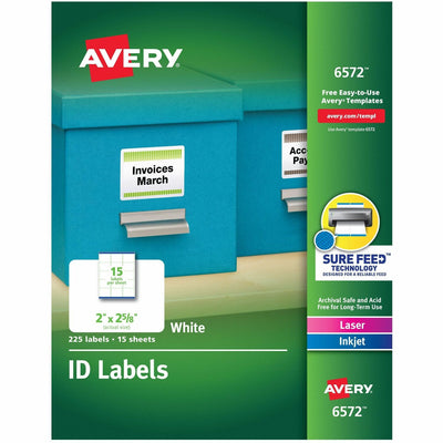 Avery Laser Inkjet Printer Permanent ID Labels, White, 225 / Pack, AVE6572