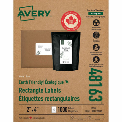 Avery Eco-Friendly Shipping Labels for Laser and Inkjet Printers, 2" x 4", Matte, 1000 / Box, AVE48163