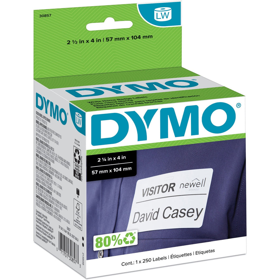 Dymo LabelWriter Adhesive Name Badges, White, Self-adhesive, 250 / Roll, DYM30857