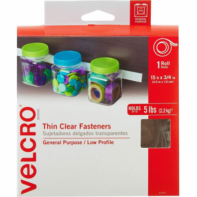 VELCRO® Thin Clear Fasteners 15ft x 3/4in Roll Clear, 0.75", Peel-off, 1 Roll, VEK91325