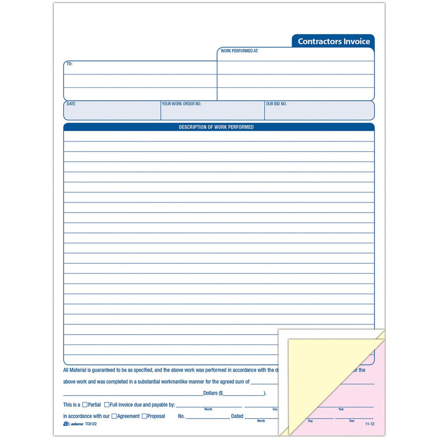 TOPS Adams Contractor's Invoice Book, White, 8.37" Width x 11" Length, 8EA/CT — view 1