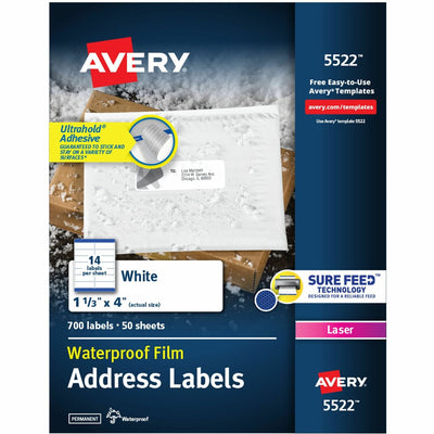 Avery 1-1/3" x 4" Labels, Ultrahold, 700 Labels (5522), White, 700 / Pack, AVE5522