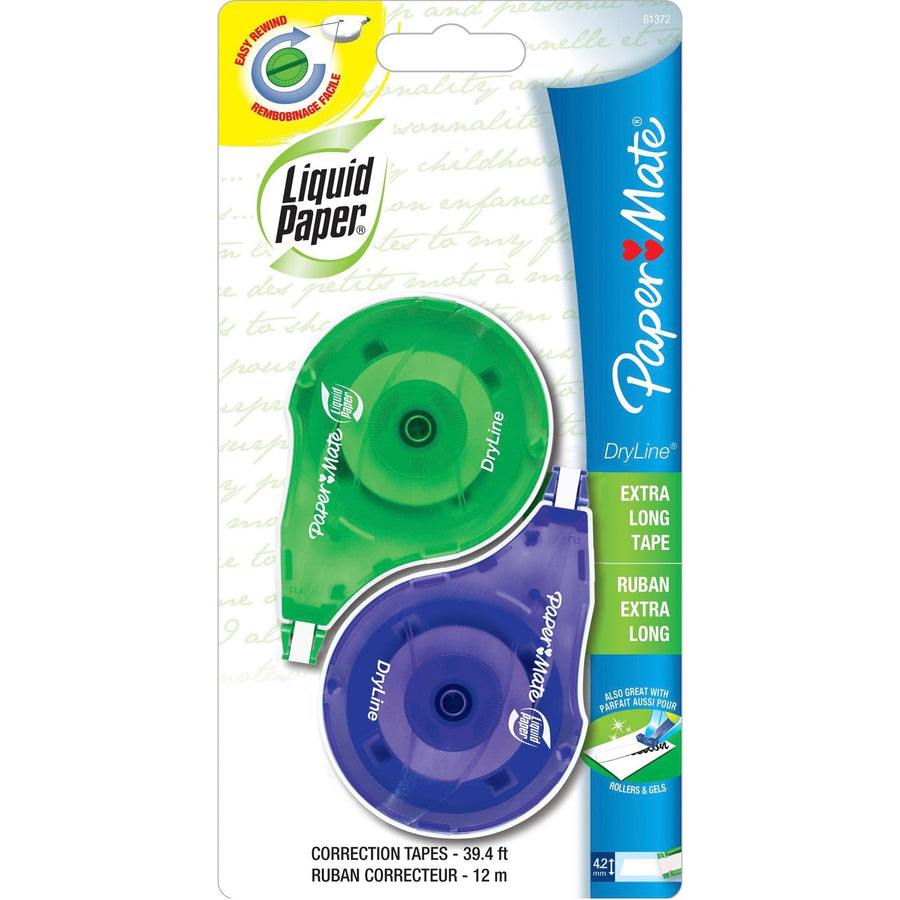 Paper Mate Liquid Paper DryLine Correction Tape, Blue, 0.20", 39.33 ft, Break Resistant, 2 / Pack, PAP6137206