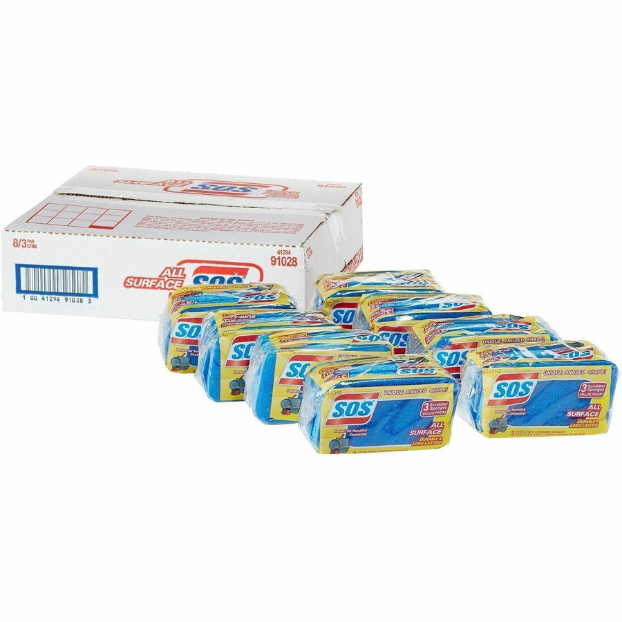 S.O.S All-Surface Scrubber Sponge, 3" x 5.3", Blue, Cellulose, Long Lasting, 8 / Carton, CLO91028CT
