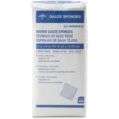 Medline Nonsterile Woven Gauze Sponges, White, 200 / Box, MIINON25412