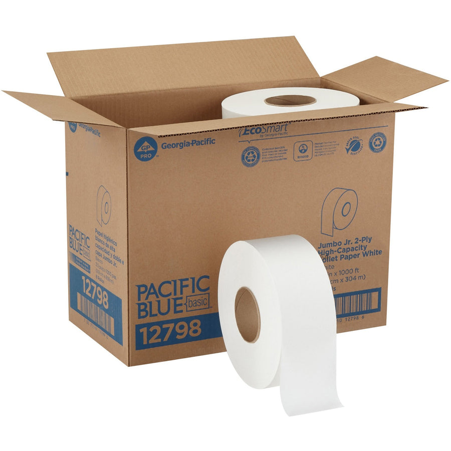 Pacific Blue Basic Jumbo Jr. High-Capacity Toilet Paper, White, Fiber, Chlorine-free, 8 / Carton, GPC12798