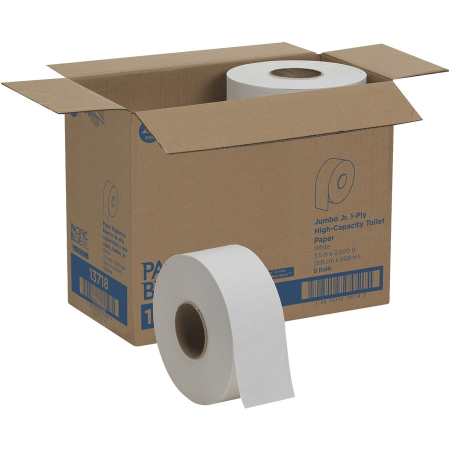 Pacific Blue Basic Jumbo Jr. High-Capacity Toilet Paper, White, Nonperforated, 8 / Carton, GPC13718