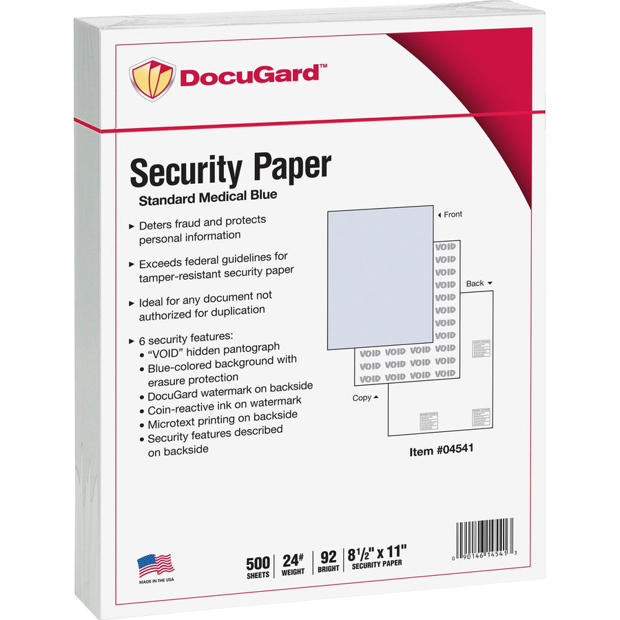 DocuGard Standard Medical Security Paper, 8.5" x 11", Blue, 24 lb, CMS Approved, 500 / Ream, PRB04541