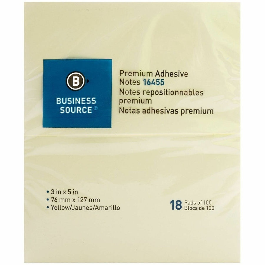 Business Source Repositionable Notes, Yellow, 1 Pack — view 1