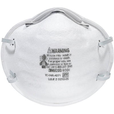 3M N95 Particulate Respirator 8200 Mask, Standard, White, 20 / Box, MMM8200