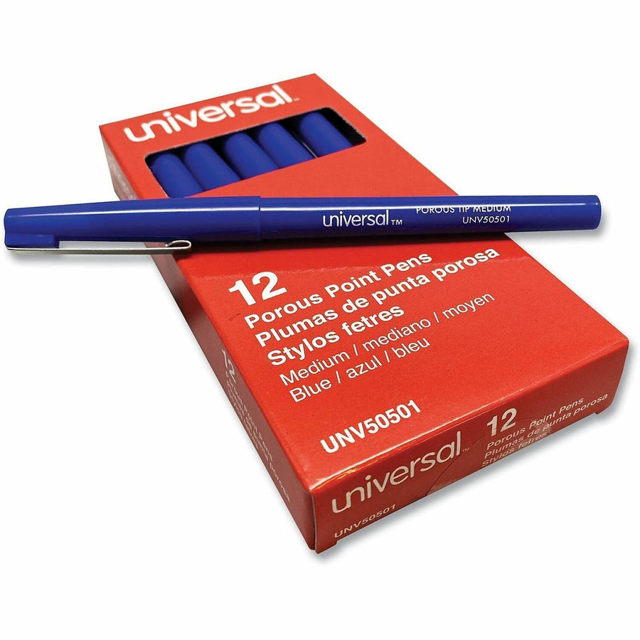 Universal Porous Point Pen, Stick, Medium 0.7 mm, Blue Ink, Blue Barrel, Dozen, Indicator, 1 Dozen, UNV50501
