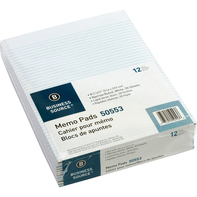 Business Source Glued Top Ruled Memo Pads - Letter, 8 1/2" x 11", 1 Dozen, BSN50553