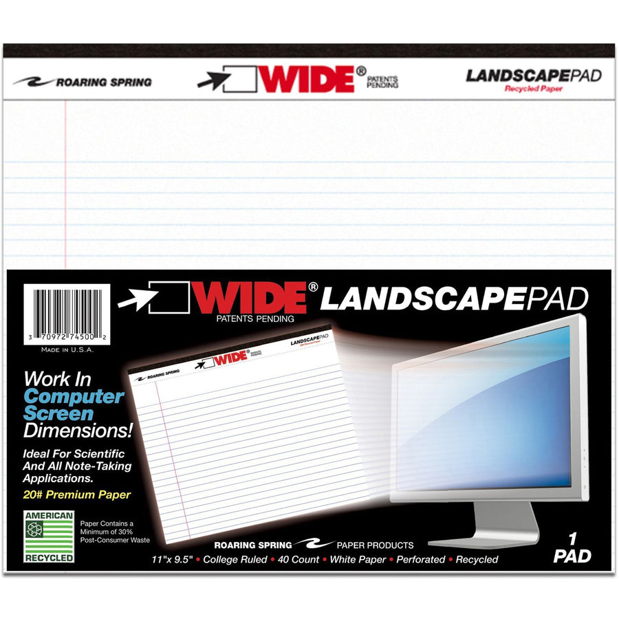 Roaring Spring Wide College Ruled Landscape Legal Pad, 11" x 0.25", Stapled/Tapebound, 20 lb, 40, Heavyweight Sheet, ROA74500