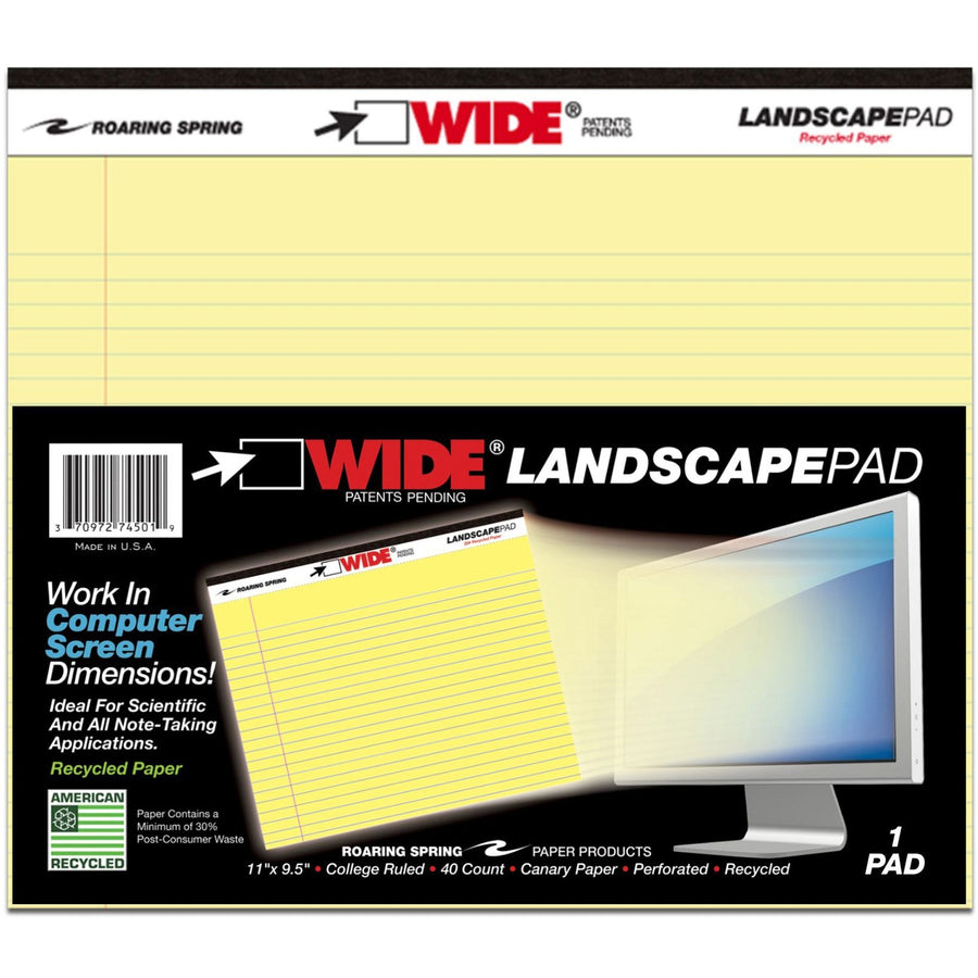 Roaring Spring Wide College Ruled Landscape Legal Pad, 11" x 0.25", Stapled/Tapebound, 20 lb, 40, Easy Tear, ROA74501