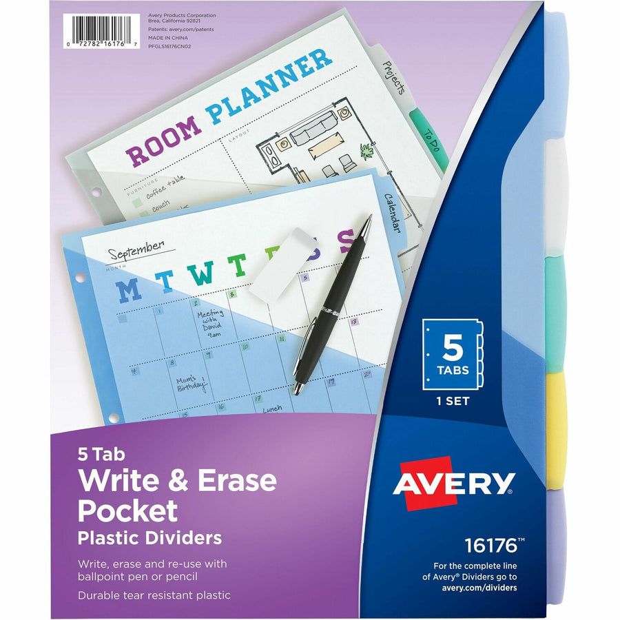 Avery Write & Erase Durable Plastic Dividers w/Pockets, 5-tab, Multicolor, 5 / Set — view 1