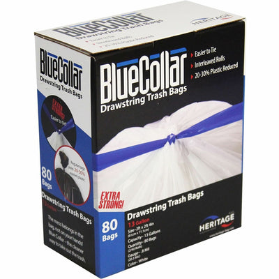 Novolex BlueCollar 13-gallon Drawstring Trash Bags, White, 80 / Box, HERN4828EWRC1