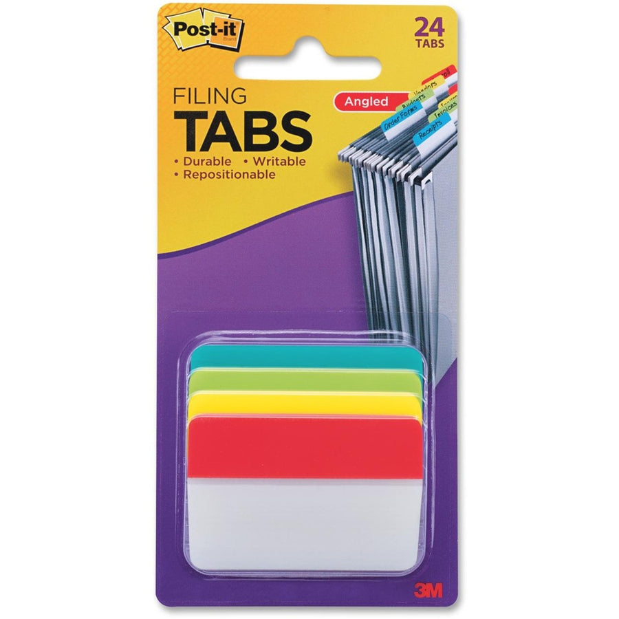Post-it® Solid Colors Angled Filing Tabs, Assorted, Reusable, 24 / Pack, MMM686AALYR