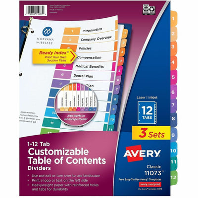 Avery Dividers, 12 Tabs, Ready Index (3 Sets of 11073), White, 8 / Carton, AVE11073