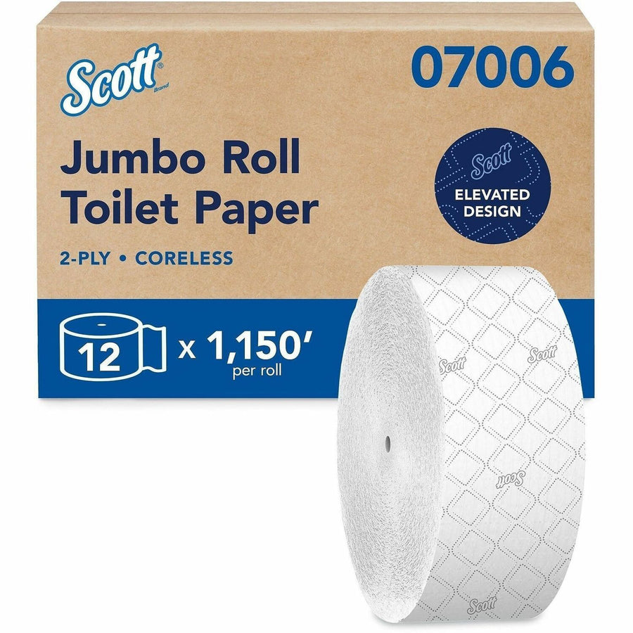 Scott Coreless High-Capacity Jumbo Roll Toilet Paper with Elevated Design, White, Fiber, 12 / Carton, KCC07006