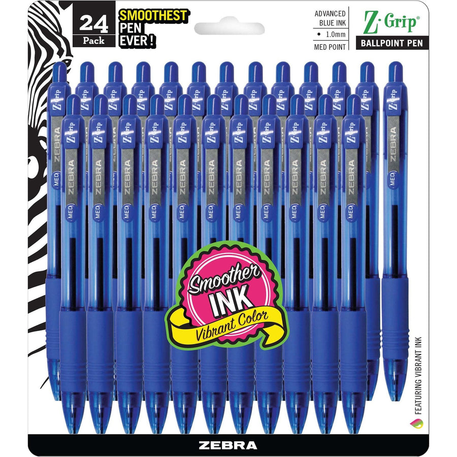 Zebra Z-Grip Retractable Ballpoint Pens, Blue, Residue-free, 24 / Pack, ZEB12225