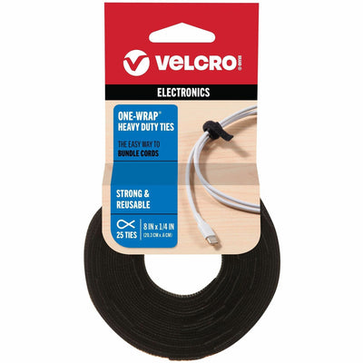 Velcro ONE-WRAP Ties 8in x 1/4in Ties Black 25 ct, 25 / Pack, VEK91141