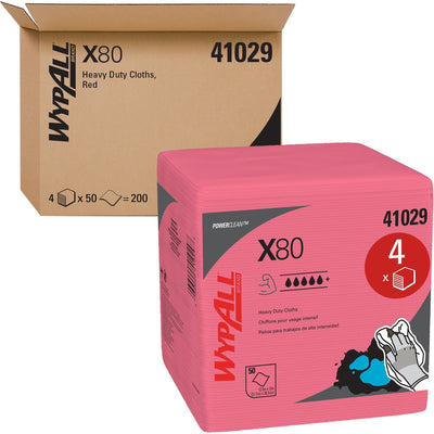 Kimberly-Clark Wypall PowerClean X80 Heavy Duty Cloths Extended Use Cloths - Quarter-fold, Red, 1 Carton, KCC41029