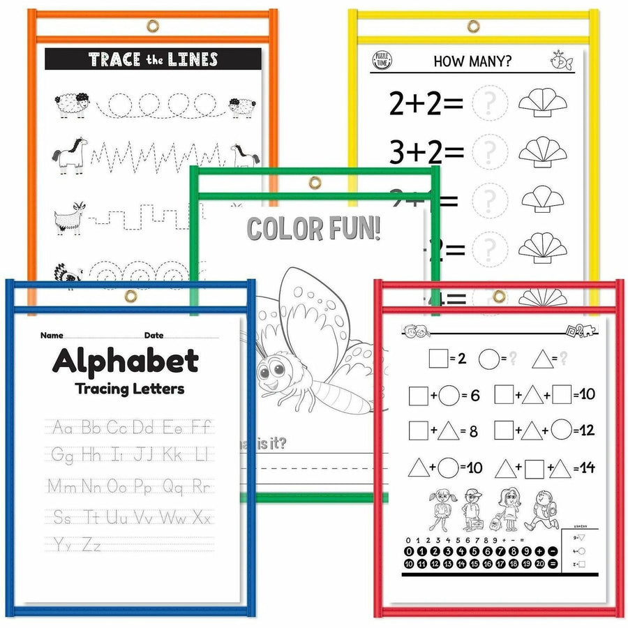 C-Line Reusable Dry Erase Pockets, Assorted Primary Colors, 9 x 12, 10/PK, 12" x 9", Eyelet, 10 / Pack, CLI40610
