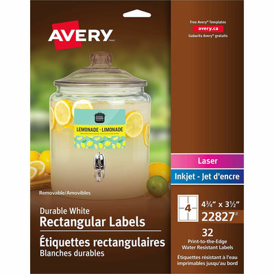 Avery Durable White Rectangle Film Labels4�" x 3�", Matte, 32 / Pack, AVE22827