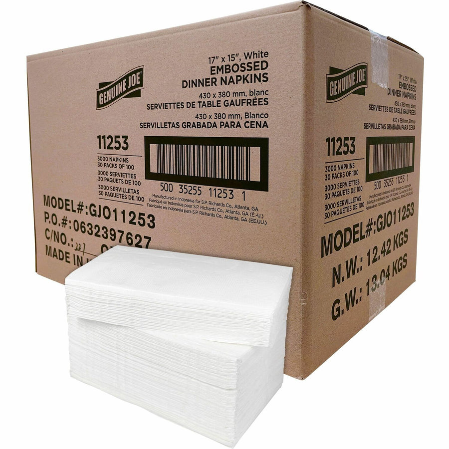 Genuine Joe Embossed Dinner Napkins, White, Versatile, 30 / Carton, GJO11253