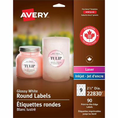 Avery Glossy White Round Labels2�", Bright White, 90 / Pack — view 1